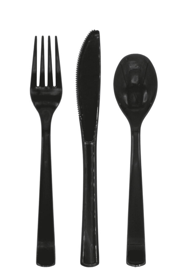 Adoptez un style éco-responsable avec notre lot de 18 couverts noirs réutilisables. Robustes et élégants, ils sont parfaits pour tous vos buffets et fêtes !
