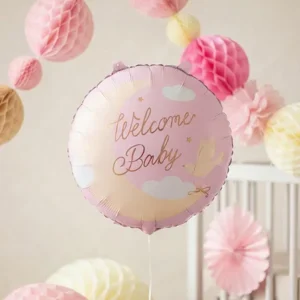 Sublimez votre Baby Shower avec le ballon en aluminium Welcome Baby rose et or ! Un design lunaire et poétique parfait pour fêter l'arrivée d'une petite fille.