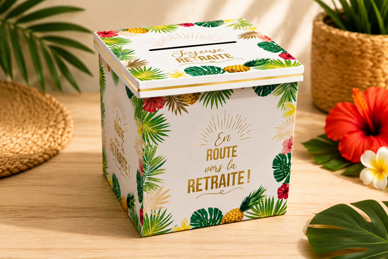 Une urne cubique en carton blanc pour célébrer un départ à la retraite. Elle est décorée de motifs tropicaux colorés : feuilles de palmier vertes, ananas jaunes et fleurs d'hibiscus roses et rouges. Sur les faces, l'inscription "En route vers la RETRAITE !" est écrite en lettres dorées et marron. Le couvercle dispose d'une fente et de l'inscription "Joyeuse RETRAITE"