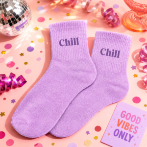 Craquez pour les chaussettes paillettes "Chill" en taille 36-42. Un design lilas scintillant et un confort ultra-doux, idéal pour vos moments de détente stylés !