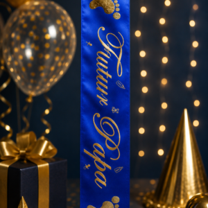 Célébrez le futur papa lors de sa Baby Shower avec notre écharpe haut de gamme bleu et or ! Une impression premium réalisée par nos équipes sur un satin bleu roi soyeux.