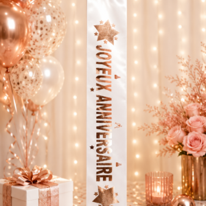 Apportez une touche chic et festive à votre anniversaire avec cette écharpe blanche “Joyeux Anniversaire” aux détails rose gold ✨🥂