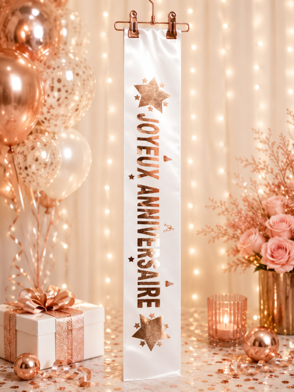 Apportez une touche chic et festive à votre anniversaire avec cette écharpe blanche “Joyeux Anniversaire” aux détails rose gold ✨🥂