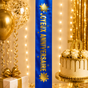 Mettez à l'honneur la star du jour avec l'écharpe "Joyeux Anniversaire" bleu et or. Impression de qualité supérieure réalisée par nos équipes sur un satin soyeux.
