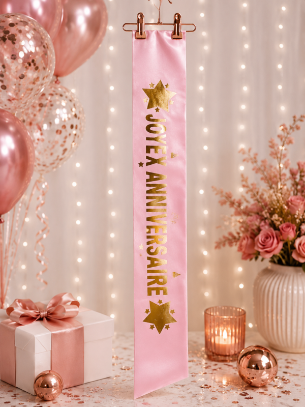 Écharpe Joyeux Anniversaire rose et or, élégante et festive. Un accessoire idéal pour célébrer un anniversaire et créer de jolies photos souvenirs.
