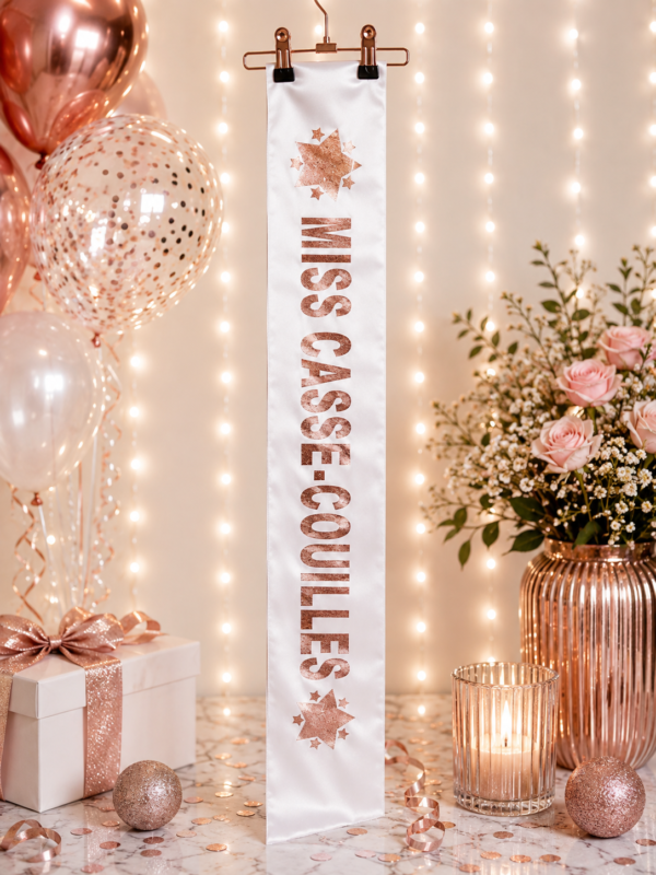 Écharpe Miss Casse-Couilles blanche et rose gold, idéale pour un anniversaire ou un cadeau humoristique. Réalisée sur place chez Planet Fiesta.
