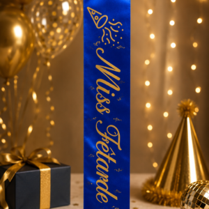 Couronnez la reine de la nuit avec l'écharpe humour "Miss Fêtarde" bleu et or ! Une impression de qualité premium réalisée par nos équipes sur un satin bleu roi soyeux.