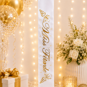 Écharpe Miss Fêtarde blanche et or, l’accessoire idéal pour un anniversaire ou une soirée festive. Chic, originale et parfaite pour faire la fête !