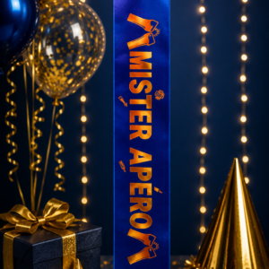 Couronnez le roi de la fête avec l'écharpe humour "Mister Apéro" bleu et or ! Une impression de qualité premium réalisée par nos équipes sur un satin bleu roi soyeux.