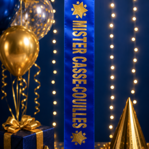Offrez un cadeau mémorable et hilarant avec l'écharpe humour "Mister Casse-Couilles" bleu et or ! Impression premium réalisée par nos équipes sur un satin bleu roi soyeux.