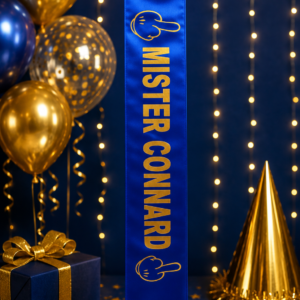 Offrez un cadeau mémorable et hilarant avec l'écharpe humour "Mister Connard" bleu et or ! Impression premium réalisée par nos équipes sur un satin bleu roi soyeux.