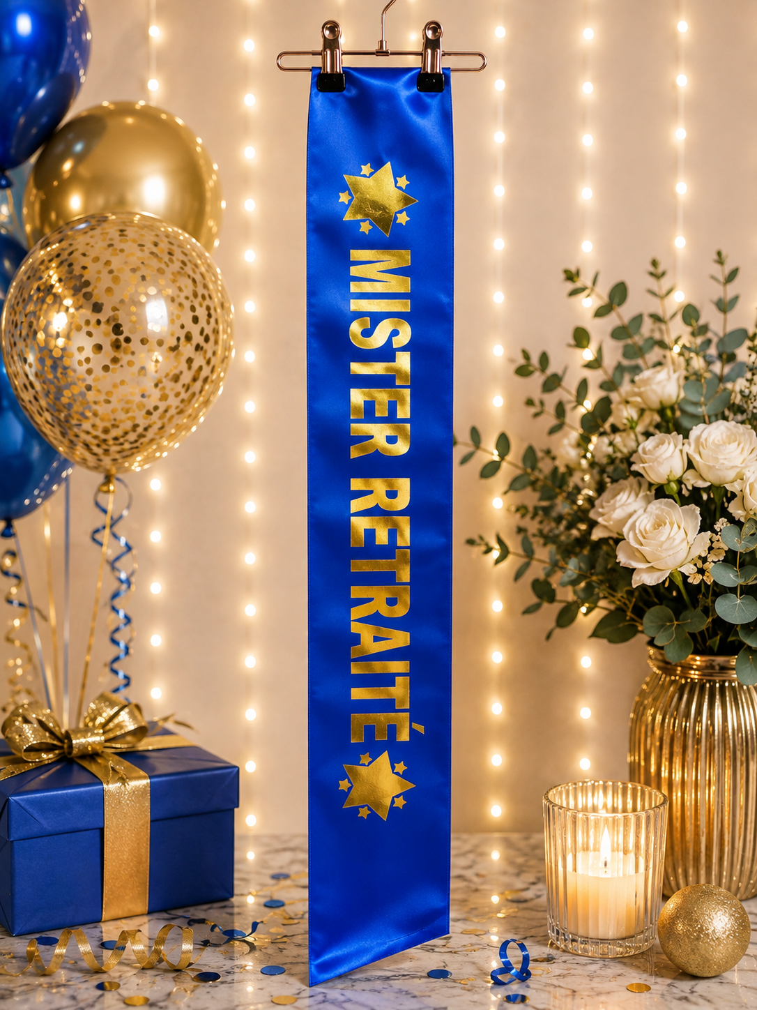 Écharpe Mister Retraité bleue et or, idéale pour un départ en retraite ou pot de départ. Accessoire festif réalisé sur place chez Planet Fiesta.
