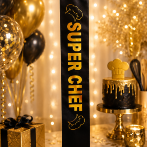 Offrez l'écharpe "Super Chef" noire et or pour célébrer le roi ou la reine de la cuisine ! Impression premium réalisée par nos équipes sur un satin noir soyeux.