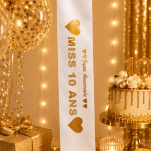 Célébrez son anniversaire avec prestige grâce à nos écharpes Miss blanche et or (de 10 à 80 ans) ! Une impression de qualité réalisée par nos équipes sur un satin blanc soyeux.