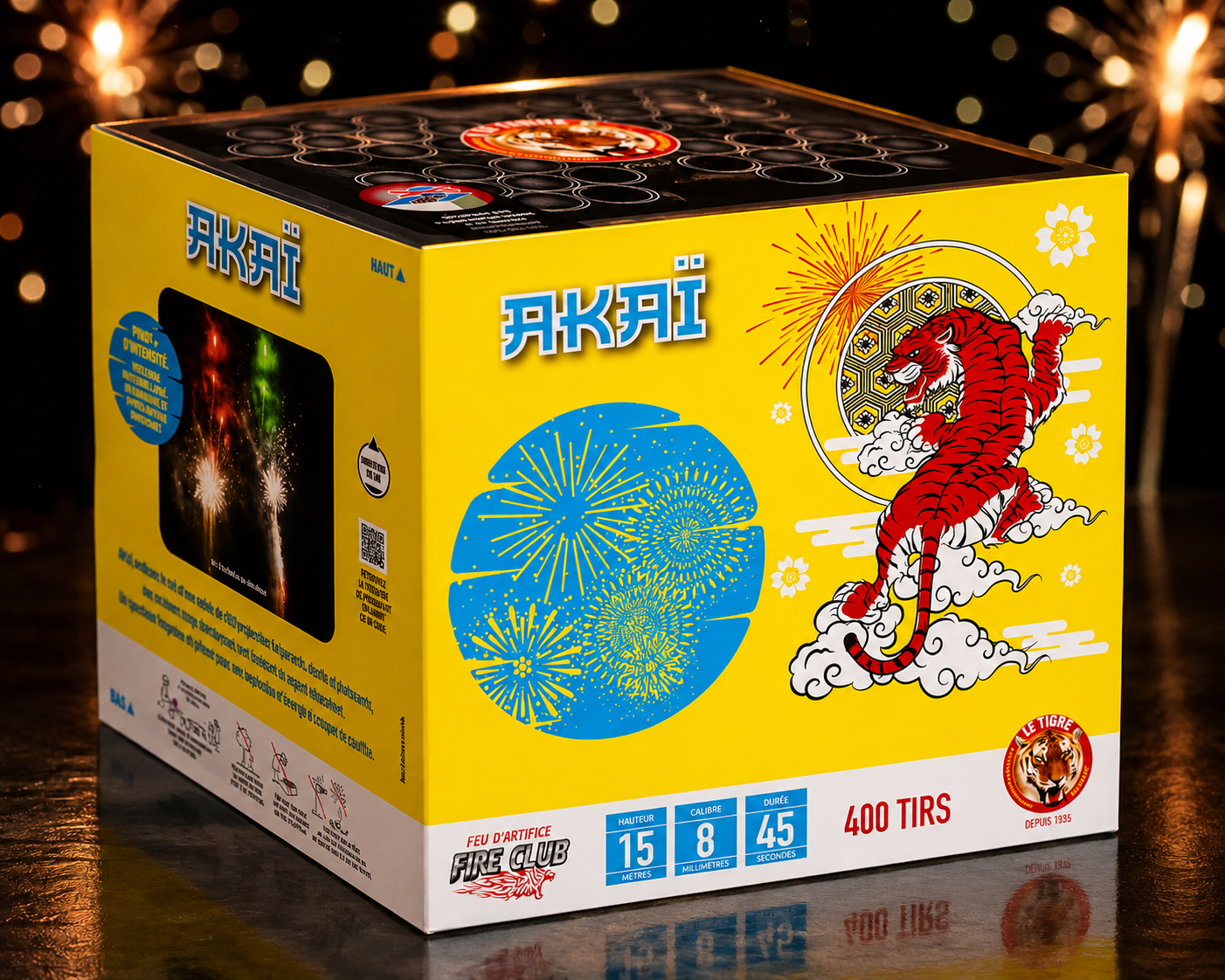 Feu d’artifice Akaï 400 tirs, durée 45 secondes et calibre 8 mm. Catégorie F2, réservé aux adultes de 18 ans et plus. Distance de sécurité 25 m.