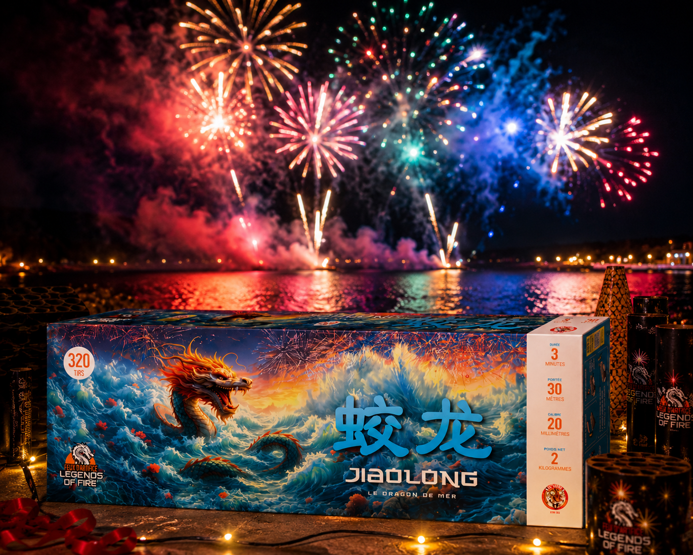 Feu d’artifice Jiaolong 320 tirs, durée 180 secondes et calibre 20 mm. Catégorie F2 réservée aux adultes de 18 ans et plus.