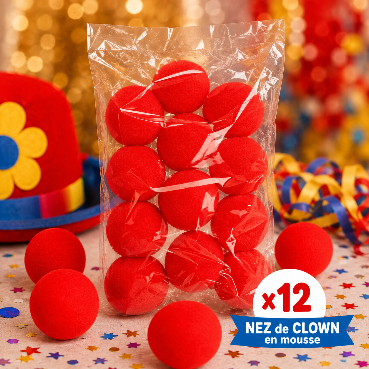 Lot de 12 nez de clown rouges en mousse, idéal pour carnaval, anniversaire, spectacle, kermesse, photobooth et fête déguisée.