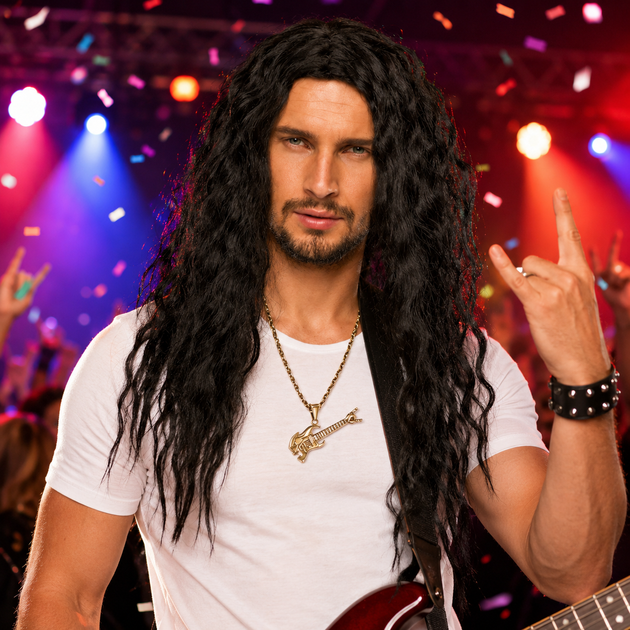 Perruque Hard Rock noire longue et ondulée, parfaite pour un déguisement de rock star, une soirée années 80, un carnaval ou une fête à thème.
