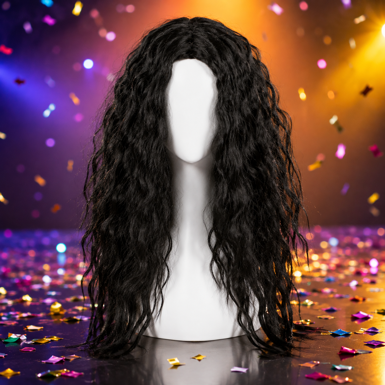 Perruque Hard Rock noire longue et ondulée, parfaite pour un déguisement de rock star, une soirée années 80, un carnaval ou une fête à thème.