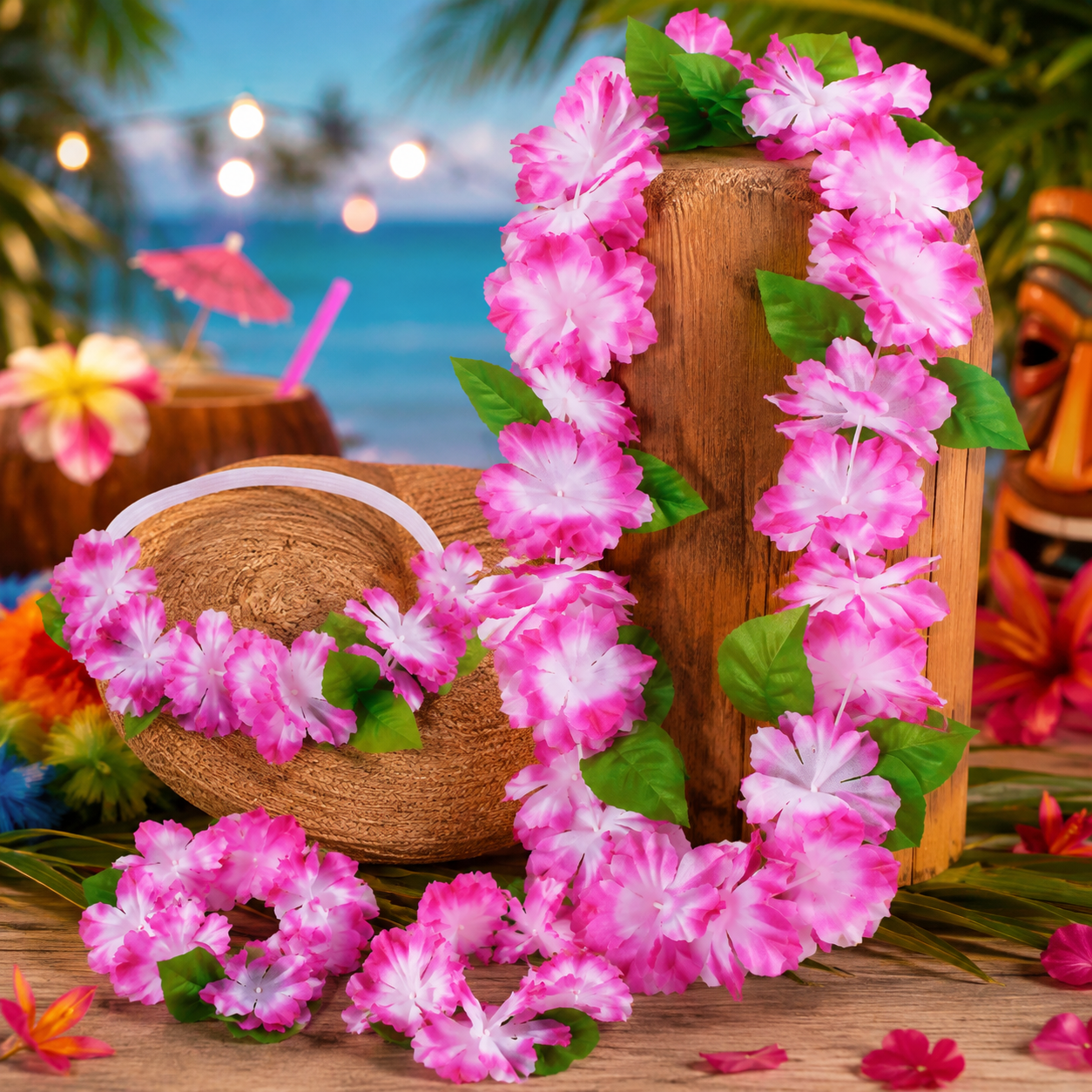 Set hawaïen rose avec collier, couronne et bracelets fleuris. L’accessoire idéal pour une soirée tropicale, hawaïenne, un carnaval ou une fête d’été.