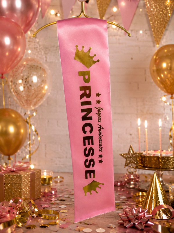 Faites d'elle la reine du jour avec notre écharpe d'anniversaire Princesse rose et or ! Une impression de qualité réalisée par nos équipes sur un satin soyeux et brillant.