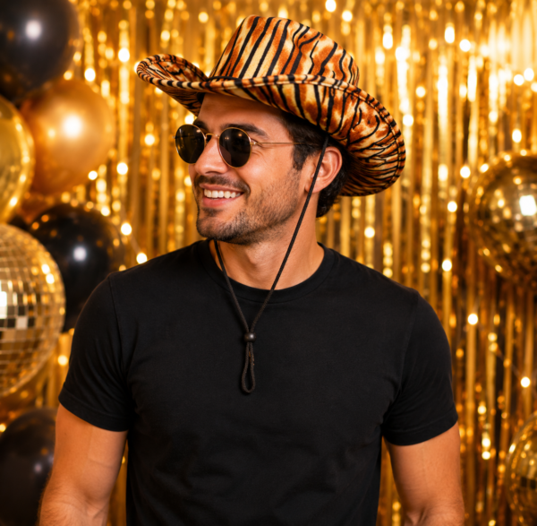 Chapeau Cowboy Tigre au motif sauvage orange et noir 🐯🤠 Idéal pour déguisement, soirée à thème, festival, carnaval, EVG ou anniversaire.