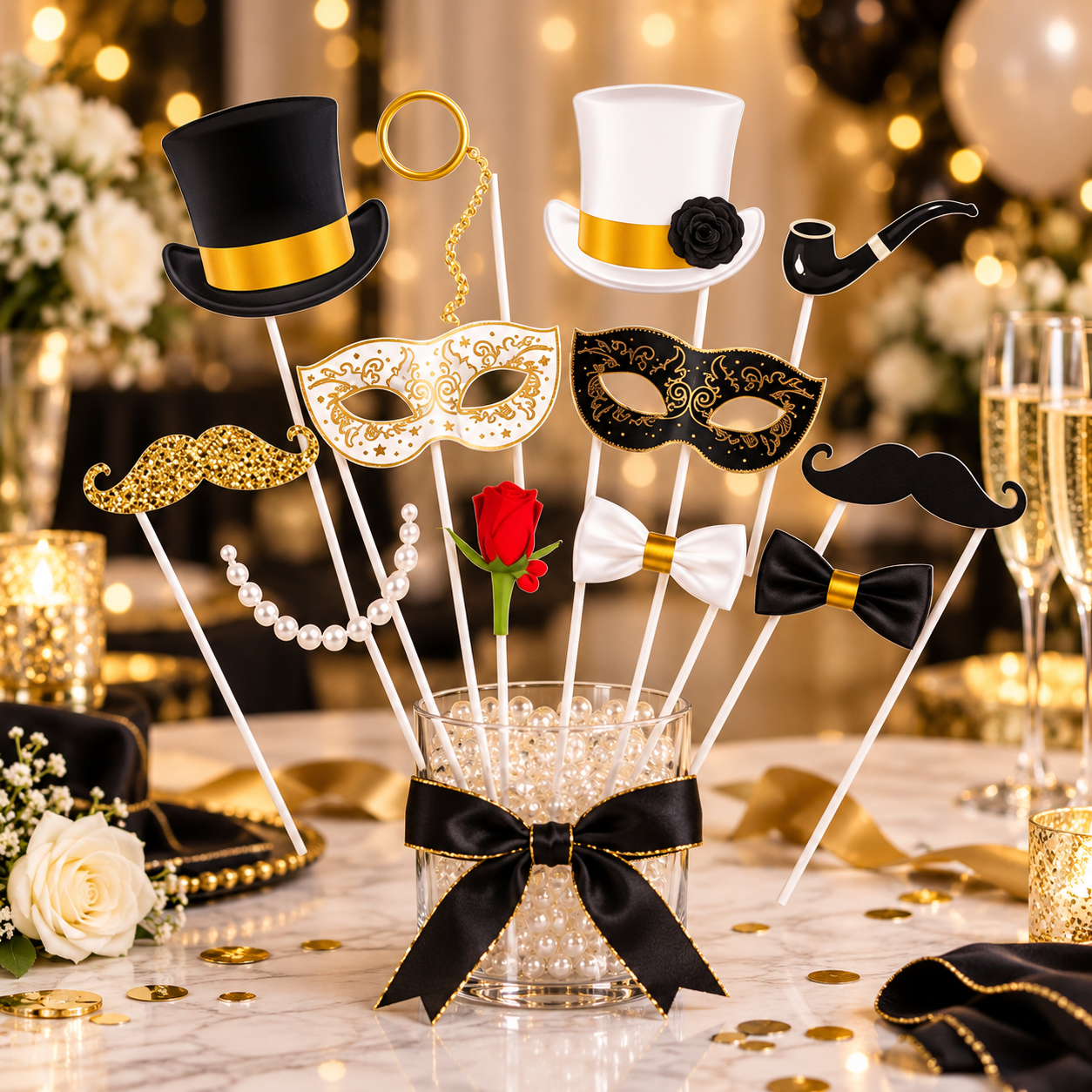 Kit Photobooth Chic de 12 accessoires noir, blanc et doré. Idéal pour mariage, anniversaire, réveillon et photos de fête originales.