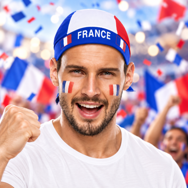Bandana tricolore France, accessoire de supporter bleu blanc rouge idéal pour matchs, événements sportifs, 14 juillet et fêtes festives.