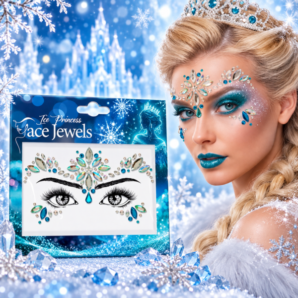 Bijoux de visage Princesse des Glaces bleu et argenté, parfaits pour carnaval, déguisement, anniversaire, maquillage féerique et soirée à thème hiver.