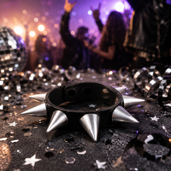 Bracelet à pointes punk noir et argent, accessoire idéal pour un déguisement rock, punk ou métal, une soirée à thème, Halloween ou un festival.