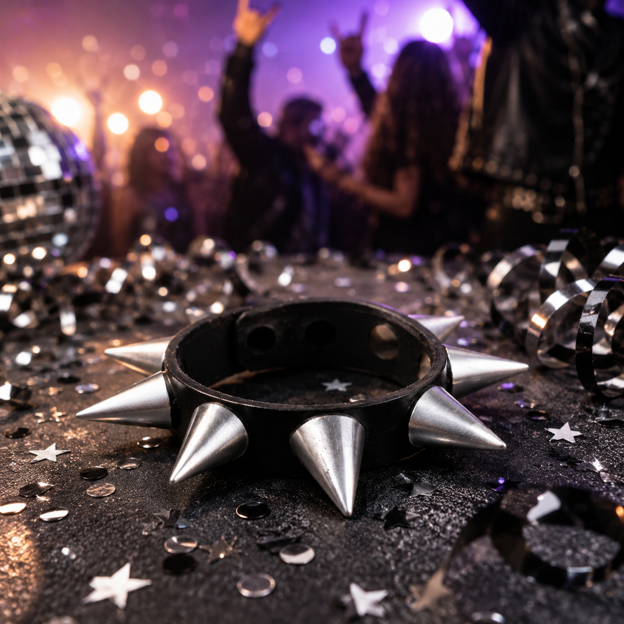 Bracelet à pointes punk noir et argent, accessoire idéal pour un déguisement rock, punk ou métal, une soirée à thème, Halloween ou un festival.
