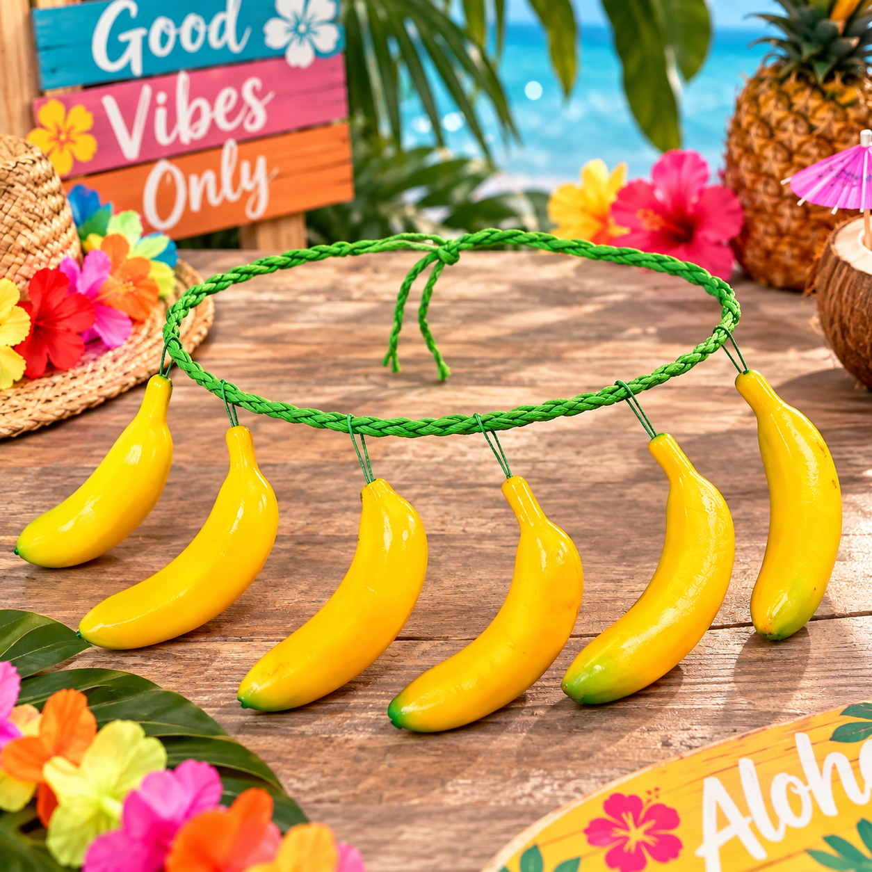 Ceinture de bananes humoristique jaune et verte, idéale pour soirée tropicale, carnaval, déguisement hawaïen, photobooth et fête fun.