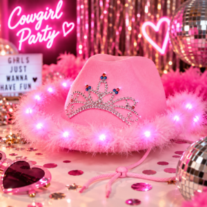 Chapeau Cowgirl rose à LED avec 3 modes d’éclairage et piles incluses. Idéal pour EVJF, festivals, soirées à thème et looks girly festifs.