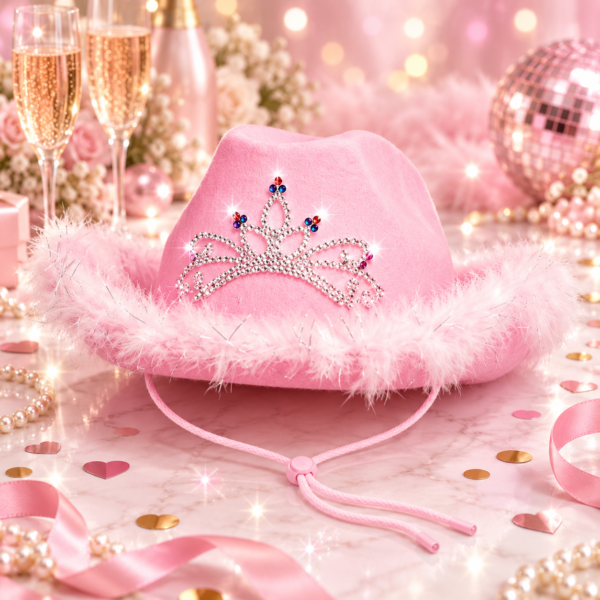 Chapeau Cowgirl rose à LED avec 3 modes d’éclairage et piles incluses. Idéal pour EVJF, festivals, soirées à thème et looks girly festifs.