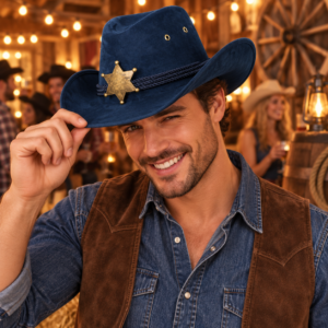 Chapeau de Cowboy Tennessee en faux suède bleu avec insigne de shérif. Idéal pour carnaval, soirées western, déguisements et fêtes à thème.