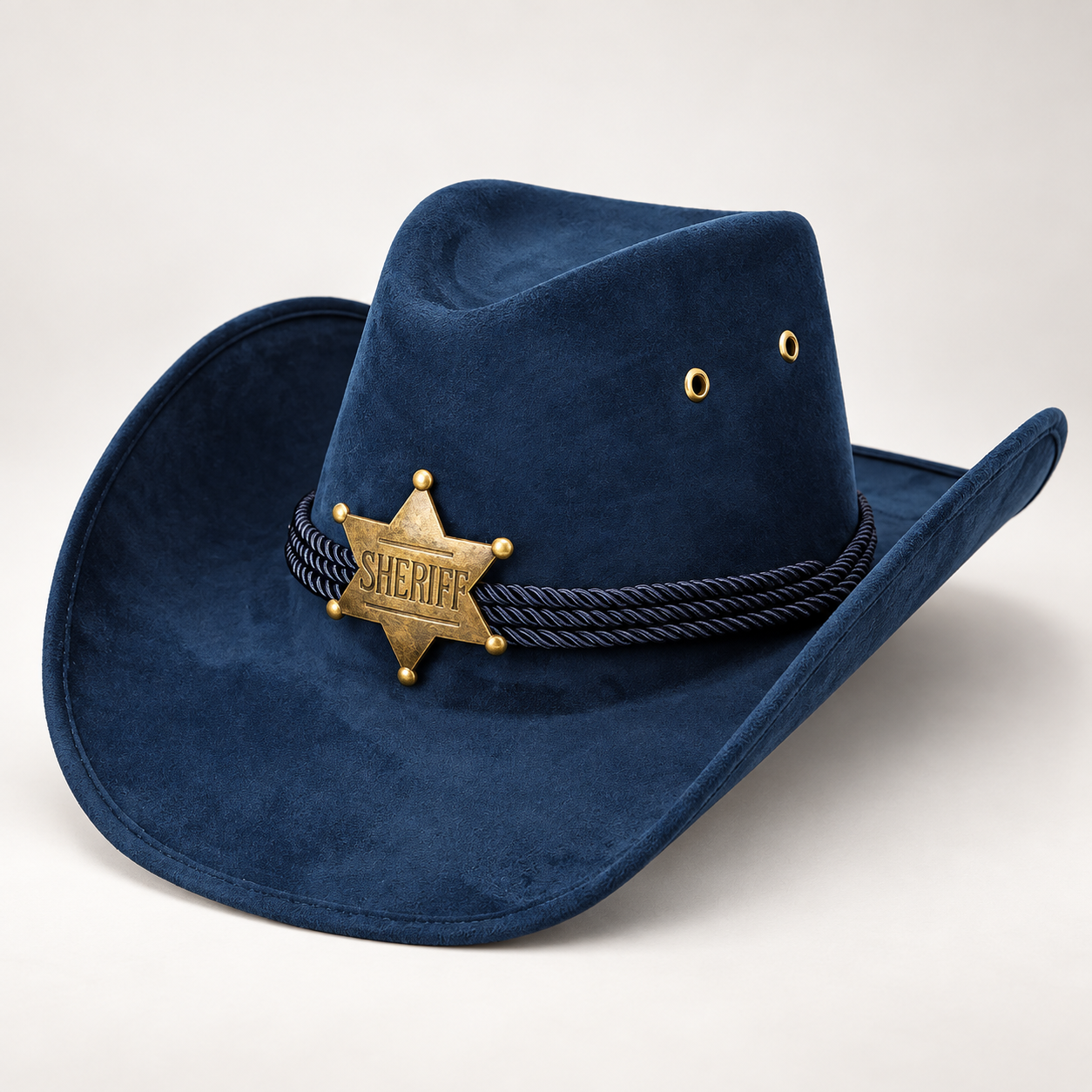 Chapeau de Cowboy Tennessee en faux suède bleu avec insigne de shérif. Idéal pour carnaval, soirées western, déguisements et fêtes à thème.