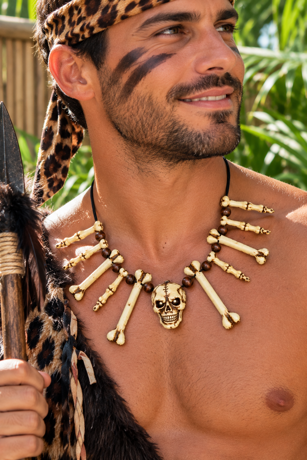 Collier avec crâne et os, accessoire de déguisement parfait pour Halloween, soirée à thème, costume pirate ou look effrayant.