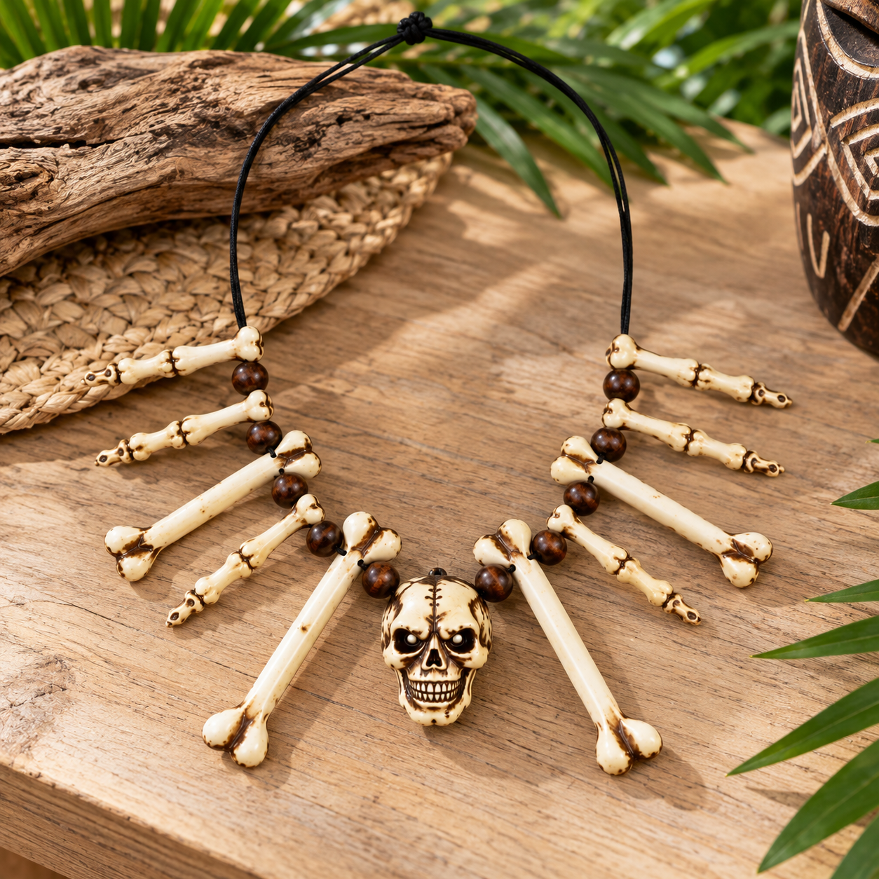 Collier avec crâne et os, accessoire de déguisement parfait pour Halloween, soirée à thème, costume pirate ou look effrayant.