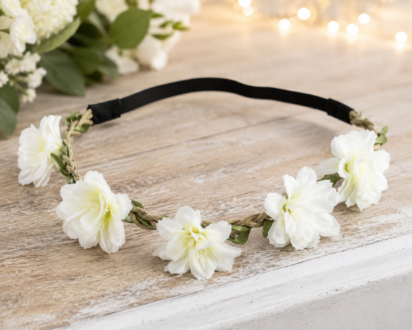 Couronne de fleurs blanches avec feuillage vert et élastique, idéale pour compléter une tenue bohème, hippie ou festive lors d’un festival, EVJF ou d’une soirée à thème.