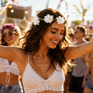 Couronne de fleurs blanches avec feuillage vert et élastique, idéale pour compléter une tenue bohème, hippie ou festive lors d’un festival, EVJF ou d’une soirée à thème.