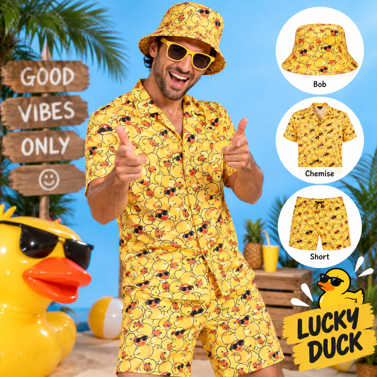Déguisement Lucky Duck adulte jaune avec chemise, short et bob imprimés canards. Un costume fun et original pour soirées, carnaval et fêtes déguisées.