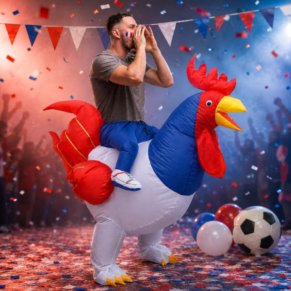 Déguisement gonflable Coq France tricolore taille unique adulte. Costume humoristique idéal pour les matchs, événements sportifs, carnaval et soirées déguisées.