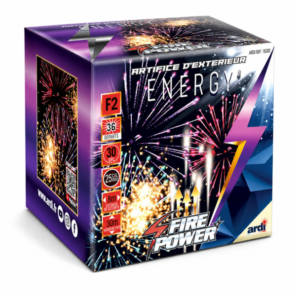 Feu d’artifice Energy 36 départs, catégorie F2, avec effets blancs, rouges, bleus, violets et scintillants, final crépitant. Idéal pour vos fêtes en extérieur.