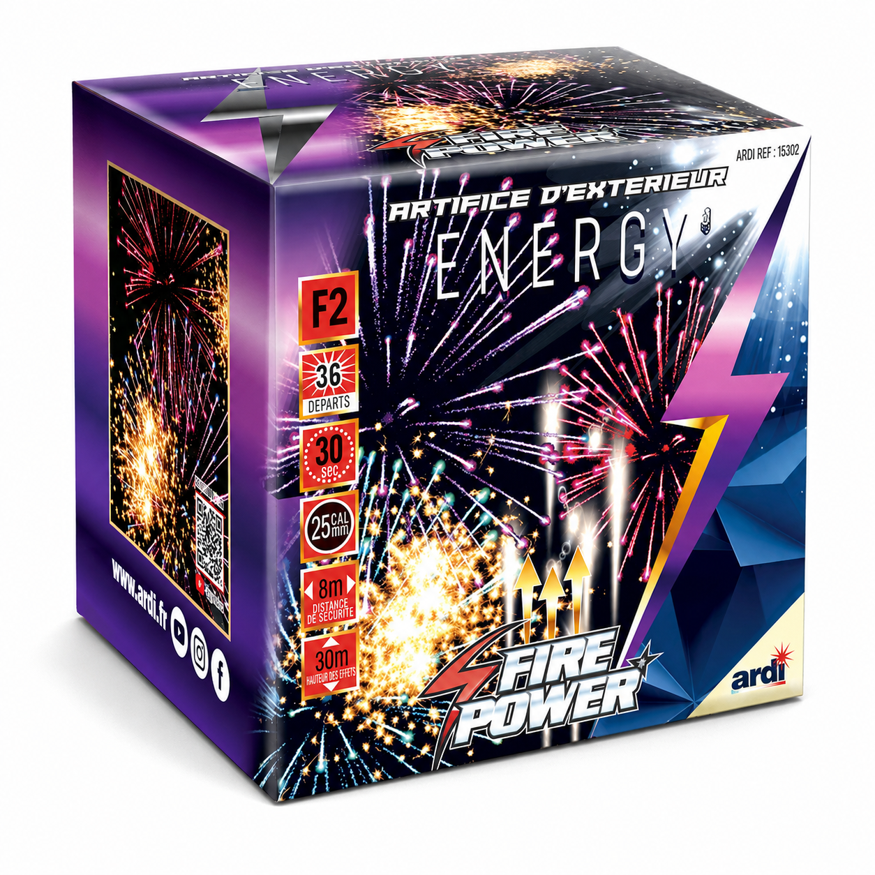 Feu d’artifice Energy 36 départs, catégorie F2, avec effets blancs, rouges, bleus, violets et scintillants, final crépitant. Idéal pour vos fêtes en extérieur.