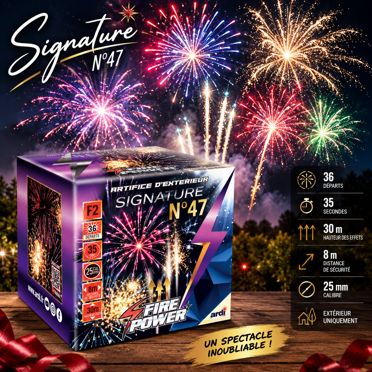 Feu d’artifice Signature n°47, compact F2 de 36 coups, durée 35 secondes, hauteur 30 m. Idéal pour anniversaires, mariages et fêtes en extérieur.
