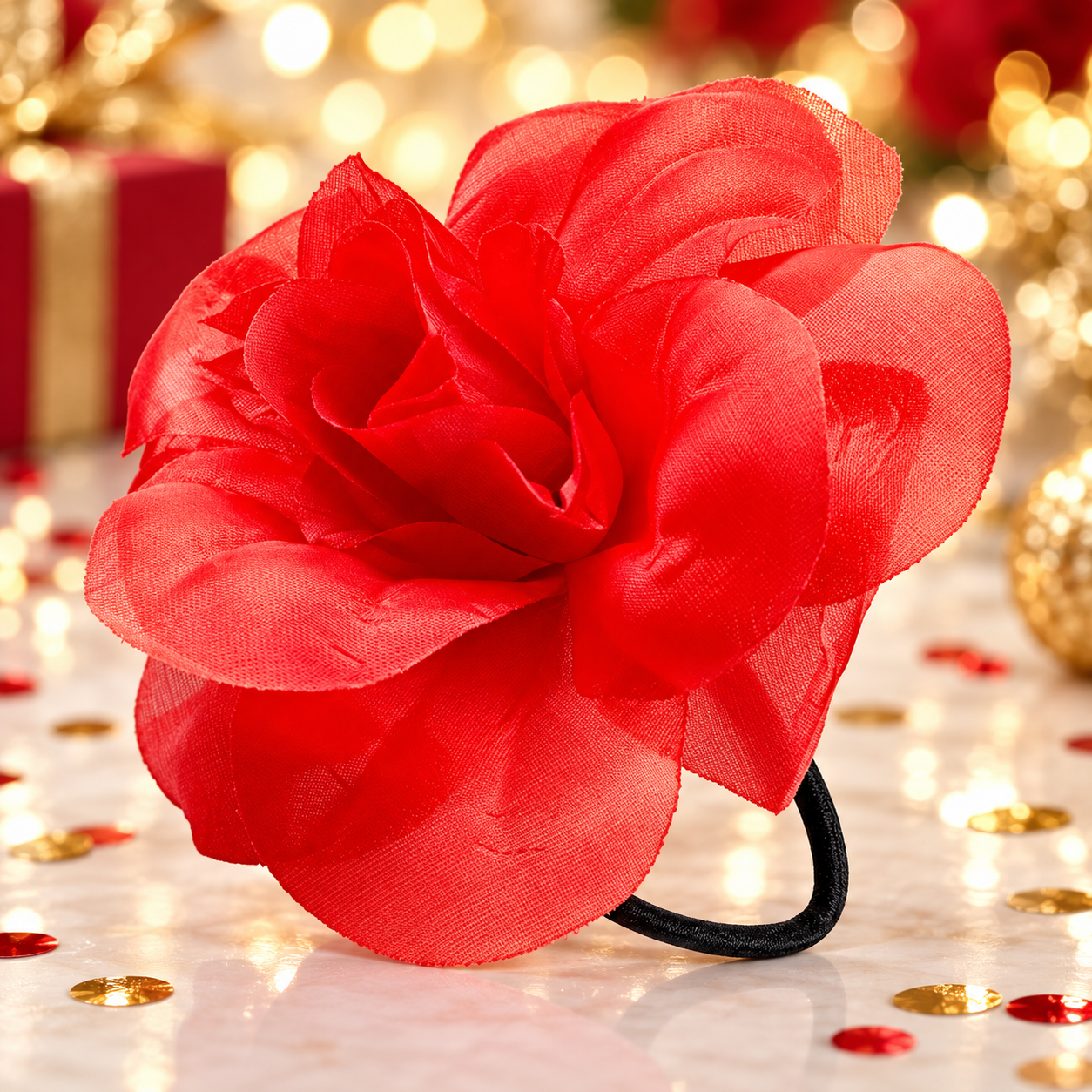 Fleur rouge pour cheveux en tissu, idéale pour feria, flamenco, carnaval, soirée espagnole, photobooth et coiffure festive.