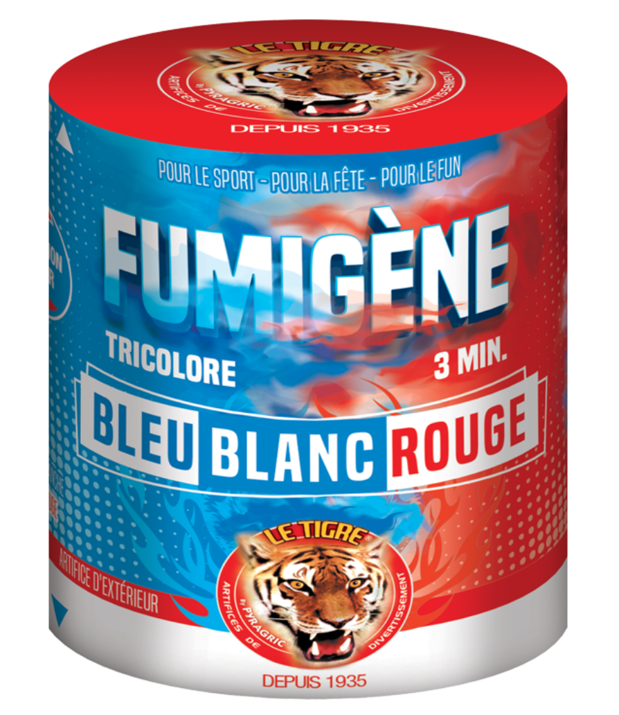 Fumigène tricolore Bleu Blanc Rouge en pot, avec environ 3 minutes de fumée colorée. Idéal pour événements sportifs, célébrations et 14 juillet.