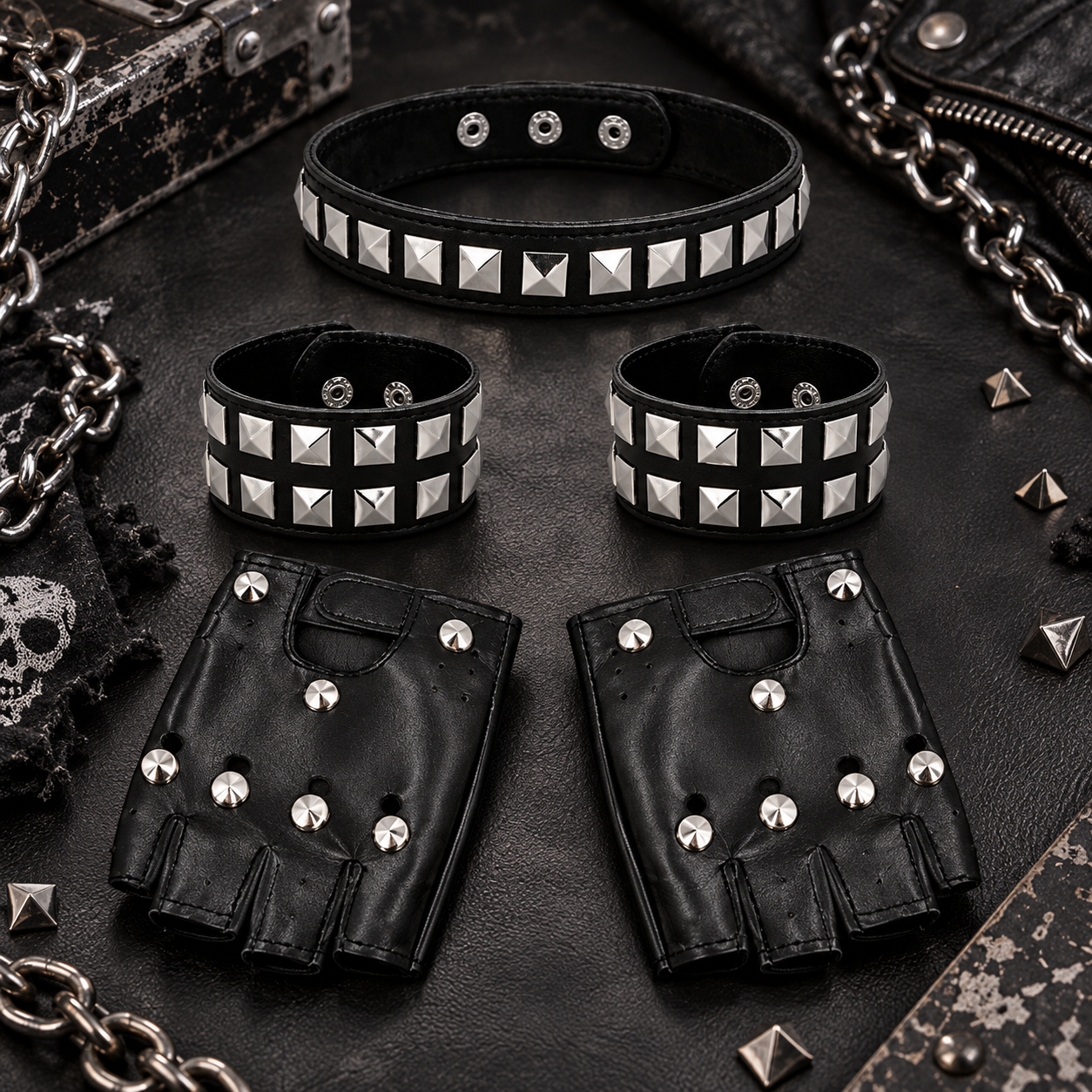 Kit d’accessoires Punk 5 pièces avec collier, 2 bracelets et 2 mitaines cloutées, idéal pour soirée rock, années 80, carnaval et déguisement.