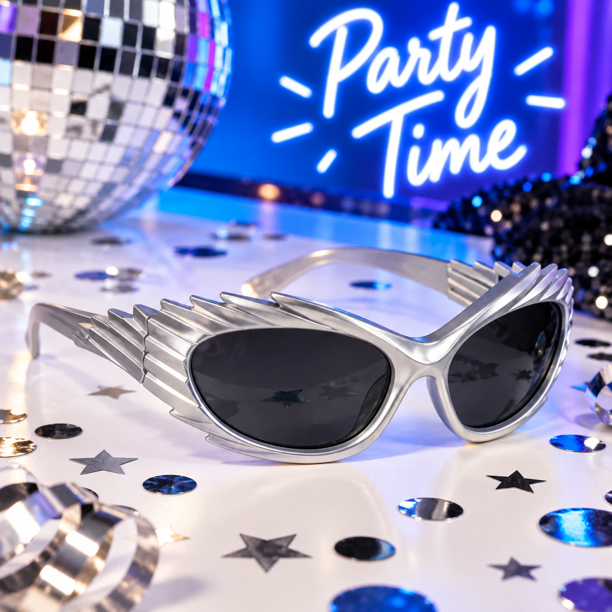 Lunettes Party Spectra argentées à verres foncés, idéales pour soirées disco, festivals, carnaval, photobooth et looks futuristes festifs.
