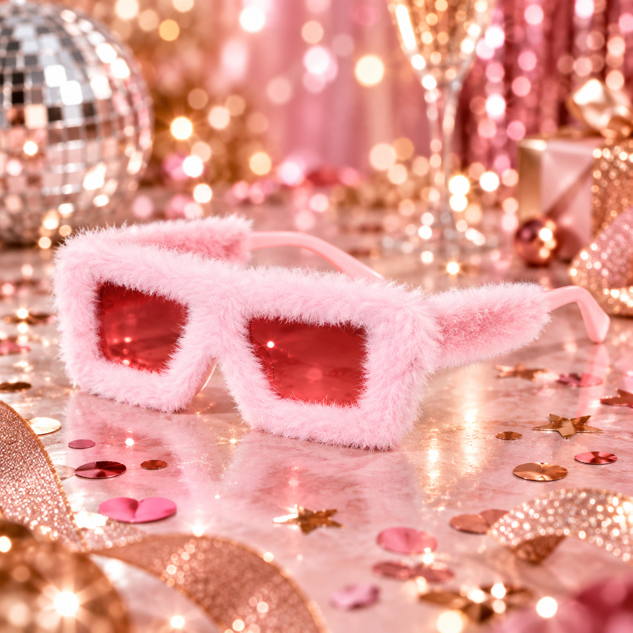 Lunettes Party Fluffy roses avec monture effet fourrure et verres teintés rouges. Idéales pour EVJF, festivals, soirées et photobooth.